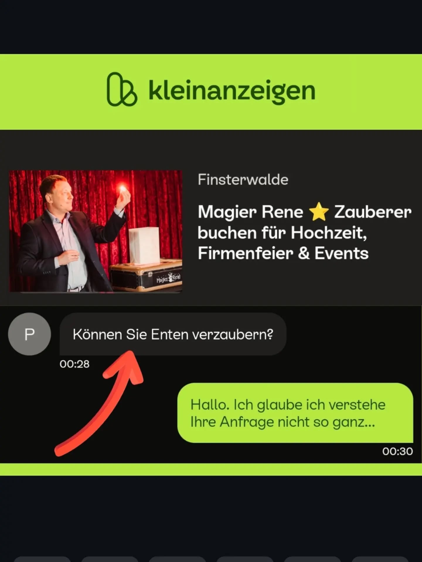 Werbefolie mit Zauberer im Bühnenbild, Text „Magier Rene“ und Chat-Dialog „Können Sie Enten verzaubern?“