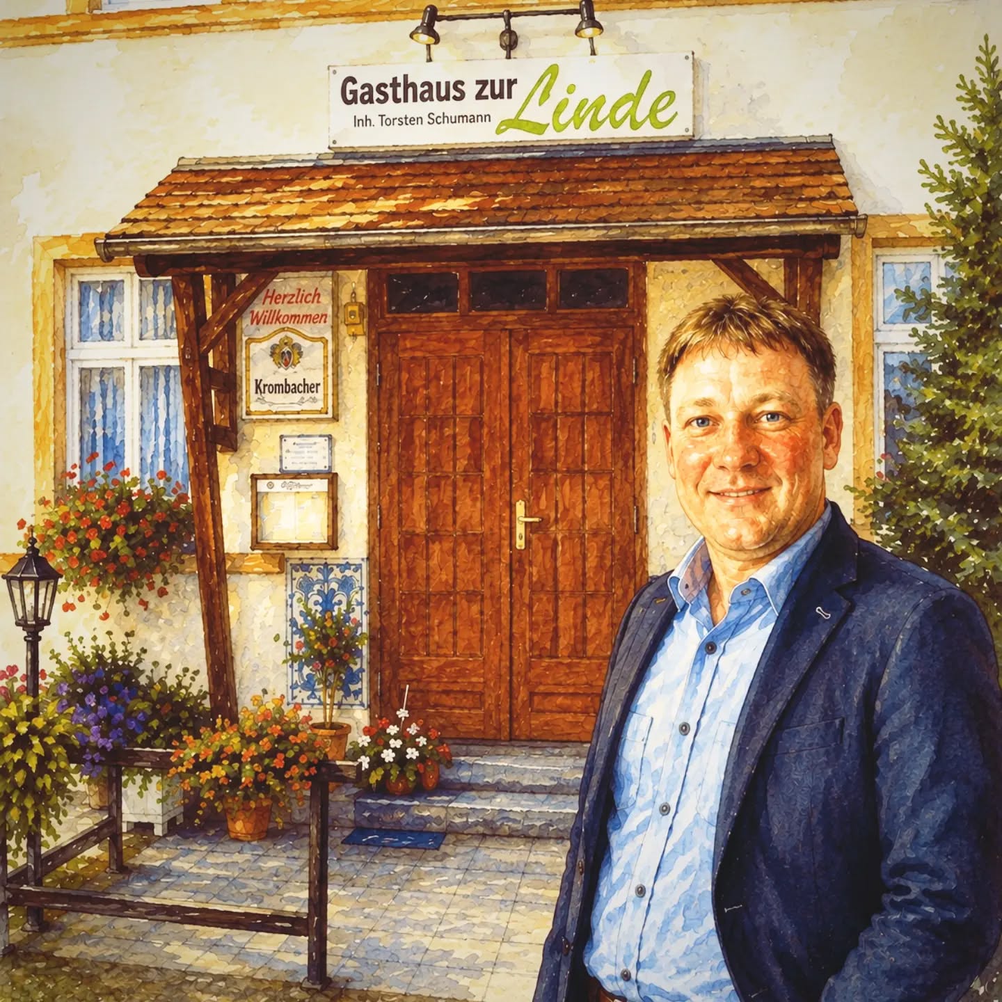 Mann im Anzug zaubert für Gäste am Tisch.