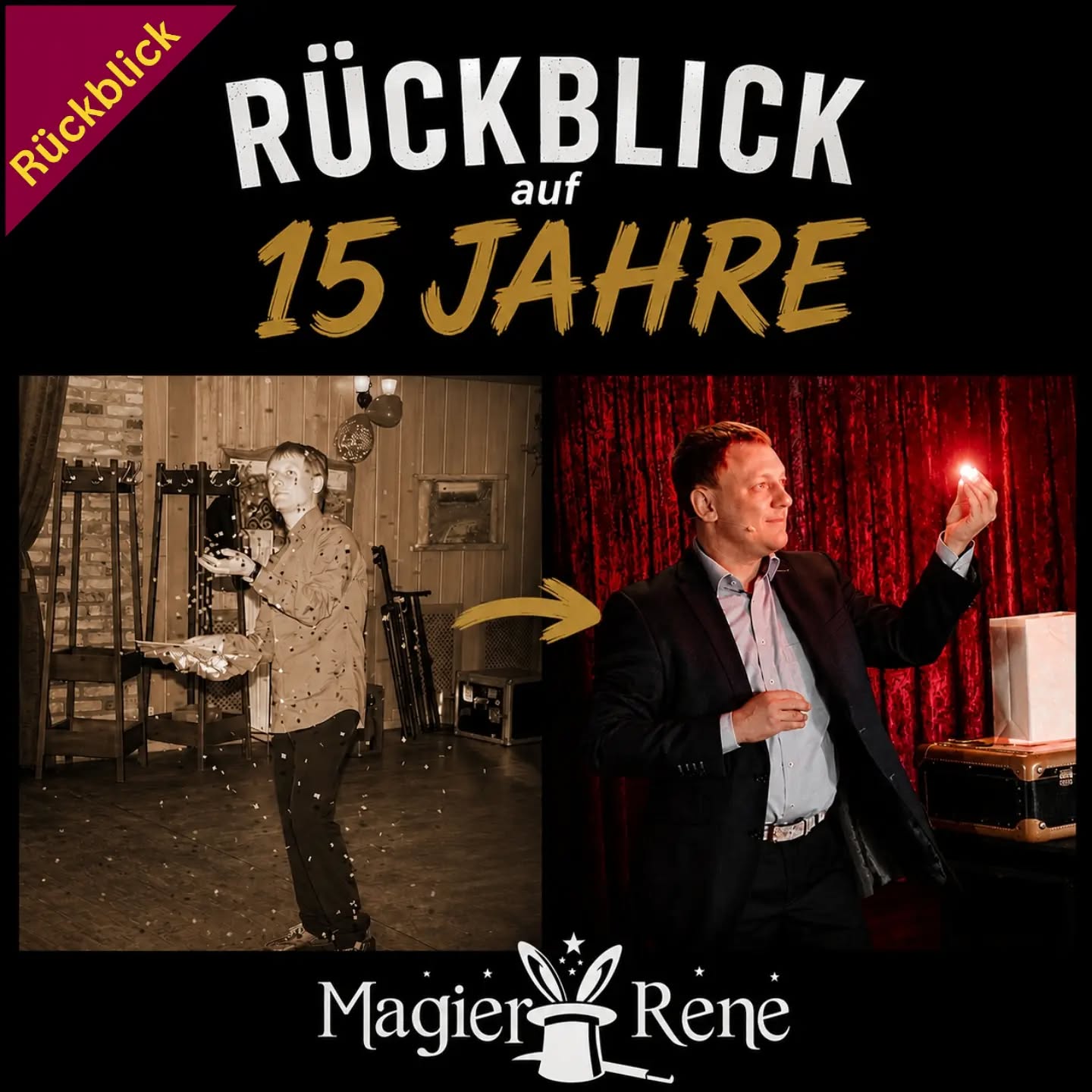 Mann im Anzug zaubert für Gäste am Tisch.
